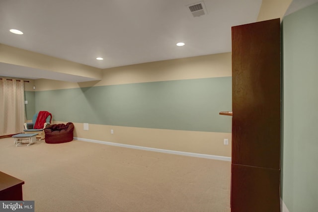 game room with carpet, baseboards, and recessed lighting