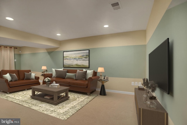 living room with carpet floors, baseboards, visible vents, and recessed lighting