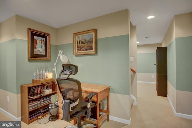 office with recessed lighting, light carpet, and baseboards