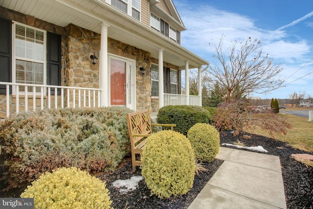 entrance to property with a porch and stone siding