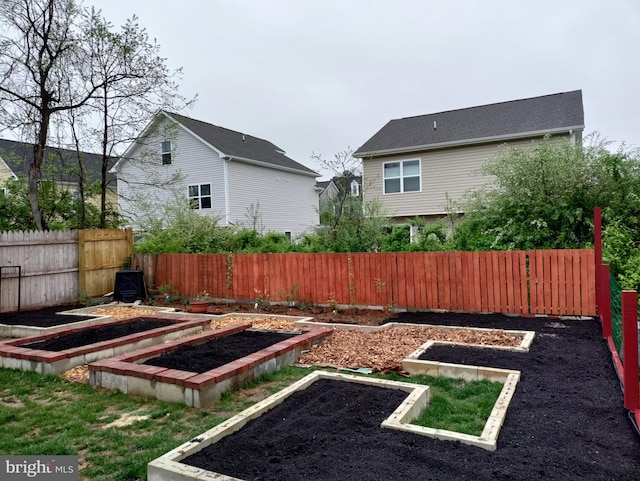 view of yard with a vegetable garden and a fenced backyard