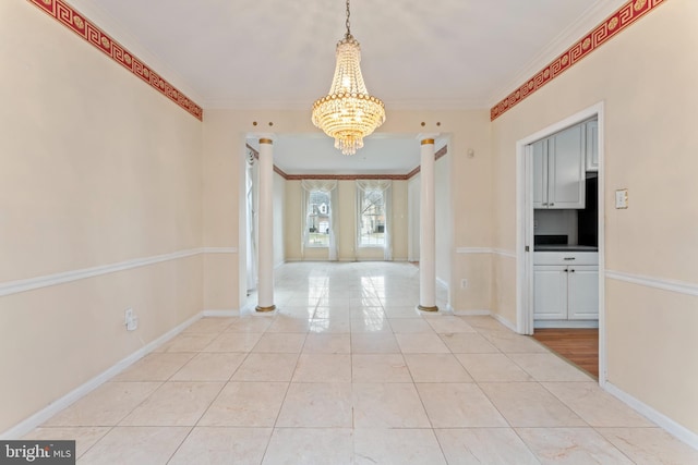 unfurnished dining area featuring a notable chandelier, light tile patterned flooring, baseboards, and ornamental molding