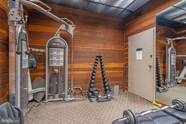 exercise area featuring carpet floors and wooden walls