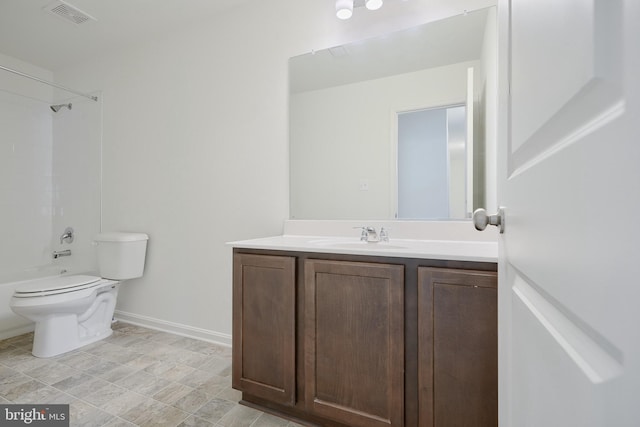 full bath with baseboards, visible vents, toilet, vanity, and shower / washtub combination