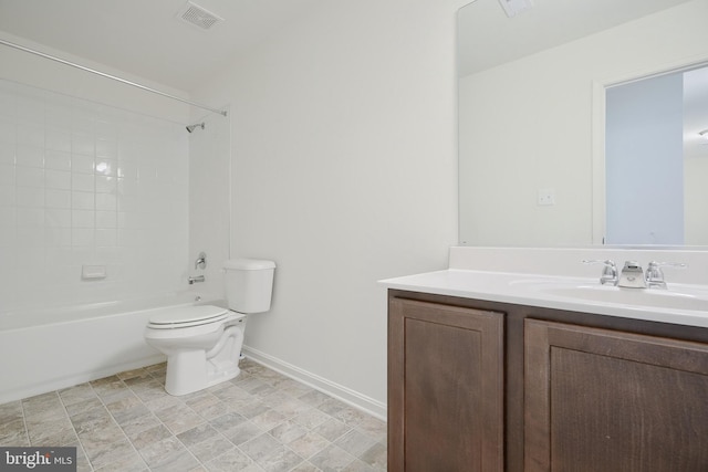 full bathroom featuring visible vents, baseboards, toilet, shower / tub combination, and vanity