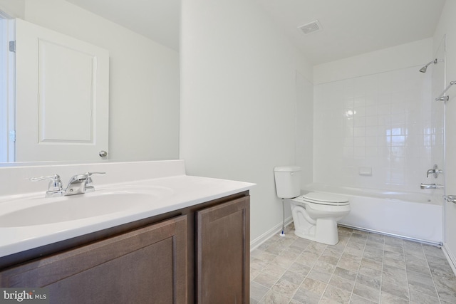 full bathroom with shower / bath combination, visible vents, vanity, and toilet