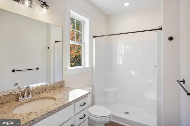 full bath with toilet, plenty of natural light, walk in shower, and vanity