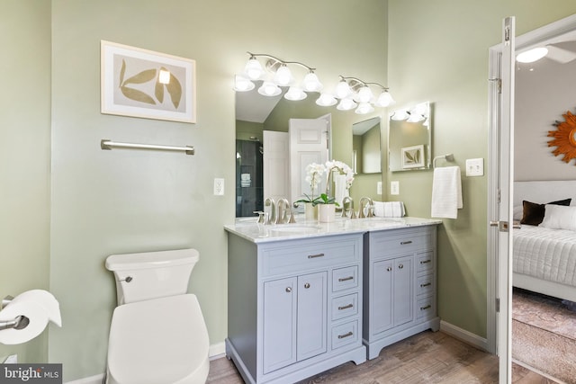 ensuite bathroom with wood finished floors, a sink, toilet, and connected bathroom