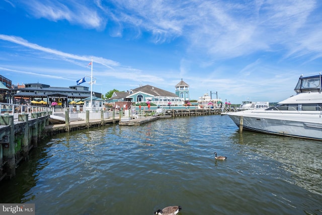 view of dock with a water view