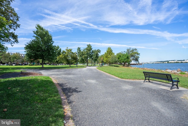 view of street with a water view