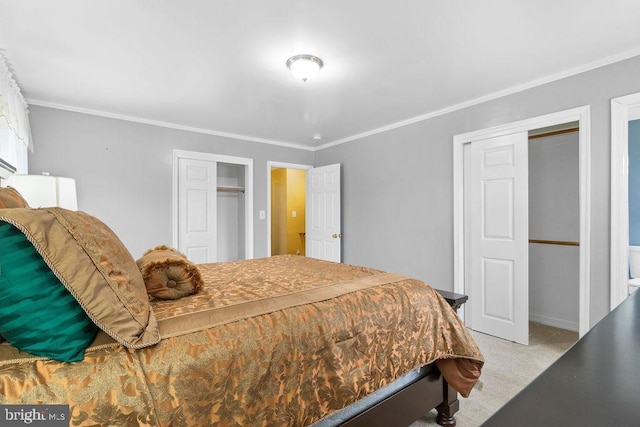 bedroom with light carpet, a closet, and crown molding