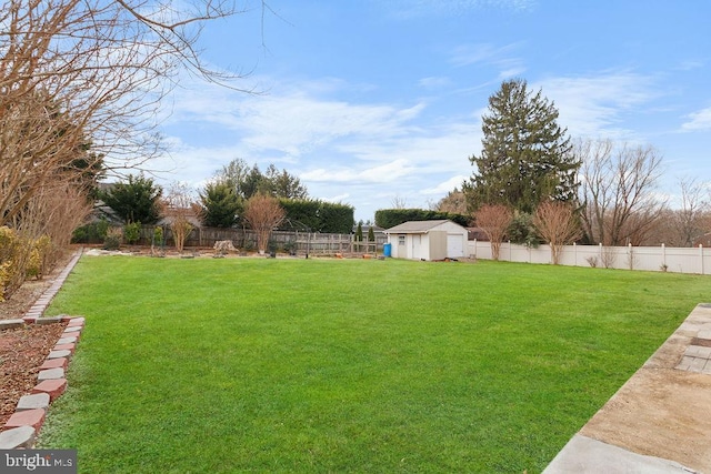 view of yard featuring an outbuilding, a storage shed, and a fenced backyard