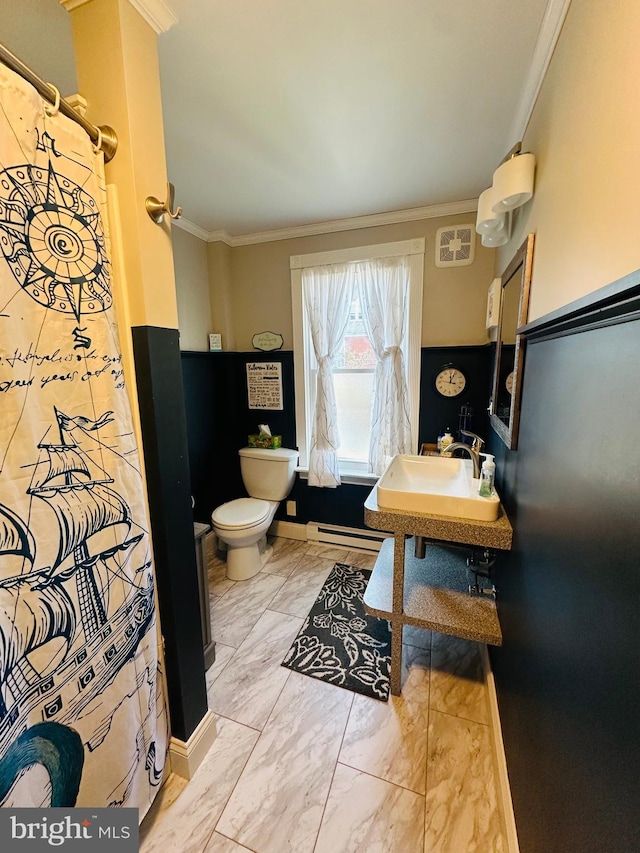 full bath featuring toilet, marble finish floor, and ornamental molding