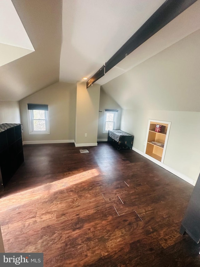 additional living space featuring a wealth of natural light, baseboards, vaulted ceiling, and dark wood-type flooring