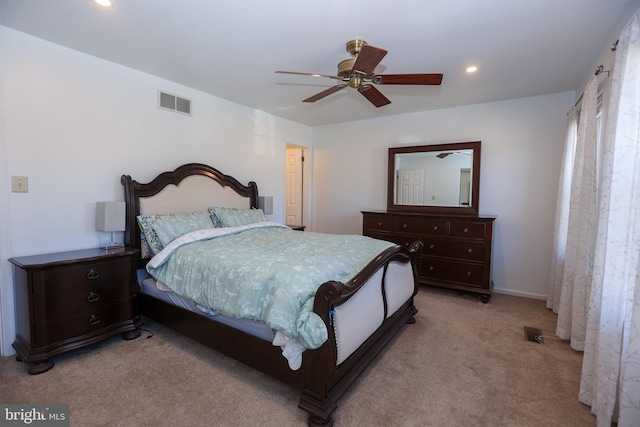 bedroom featuring ceiling fan, recessed lighting, carpet flooring, visible vents, and baseboards