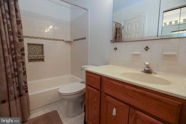 full bath with toilet, vanity, tile patterned floors, tasteful backsplash, and shower / bathtub combination with curtain