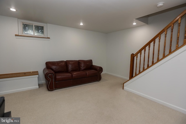 living room with stairs, carpet flooring, and recessed lighting