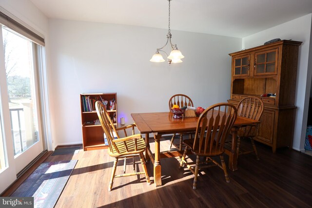 dining area featuring a chandelier, plenty of natural light, and wood finished floors