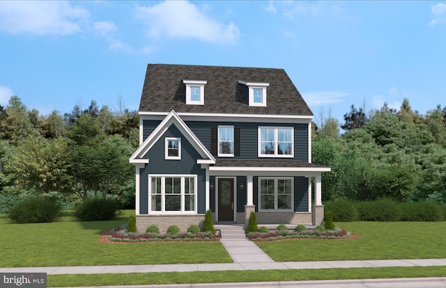 view of front of property featuring roof with shingles, a front lawn, board and batten siding, and brick siding