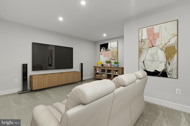 living room with baseboards, carpet floors, radiator heating unit, and recessed lighting