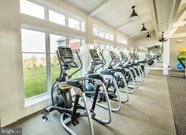 workout area with lofted ceiling and wooden ceiling