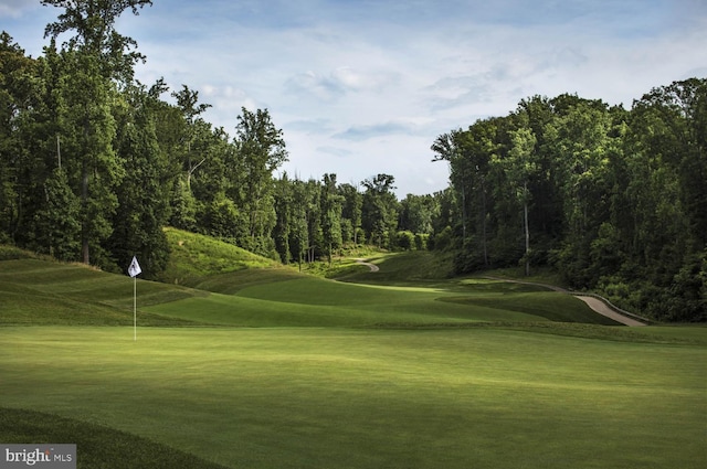 view of community featuring view of golf course and a lawn