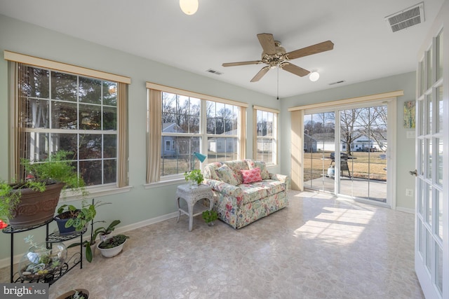 sunroom featuring ceiling fan and visible vents