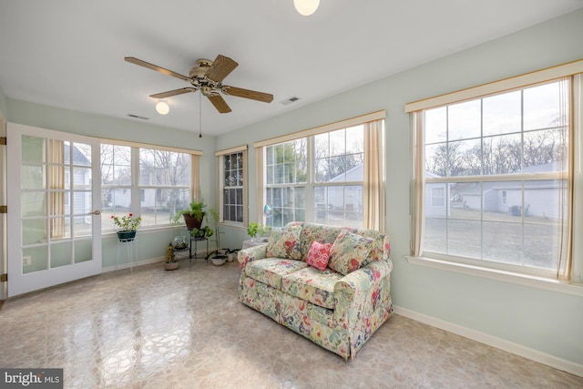 sunroom featuring ceiling fan and visible vents