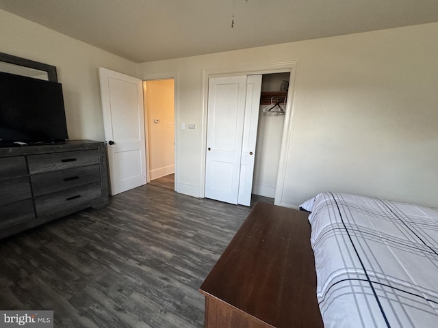 bedroom featuring a closet, baseboards, and dark wood-type flooring