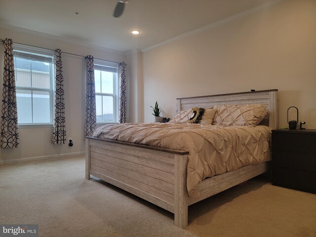 bedroom featuring carpet floors, ornamental molding, recessed lighting, and baseboards