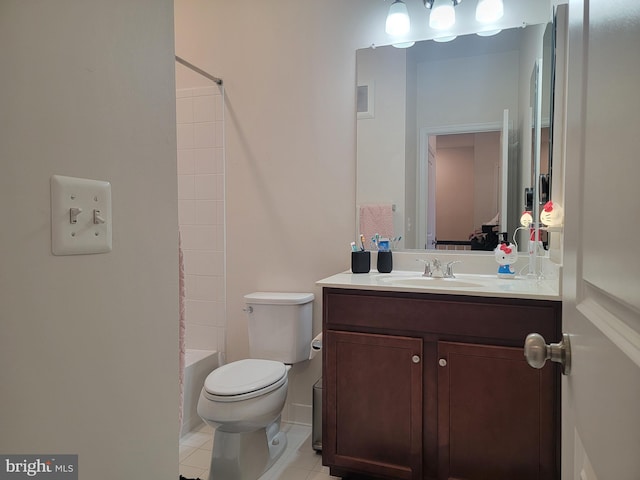 bathroom featuring tile patterned flooring, toilet, visible vents, vanity, and tub / shower combination