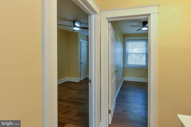 corridor featuring baseboards and dark wood-style flooring