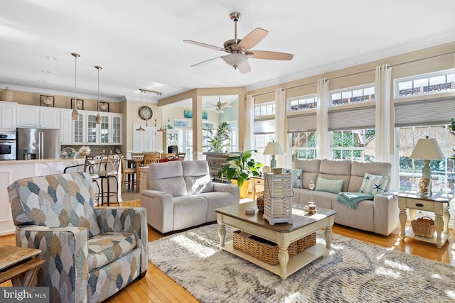 living room featuring light wood finished floors, ceiling fan, and ornamental molding