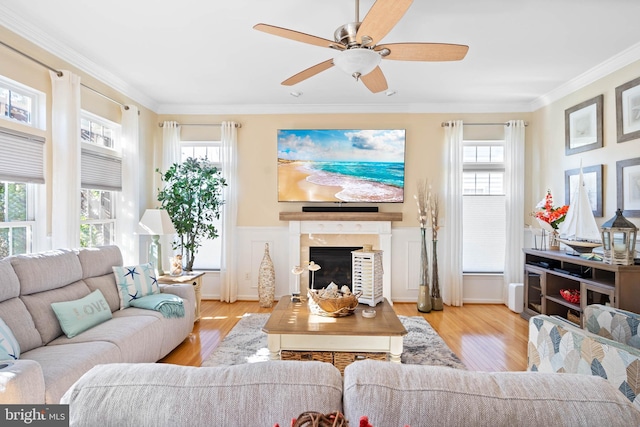 living room with a healthy amount of sunlight, a fireplace, and crown molding