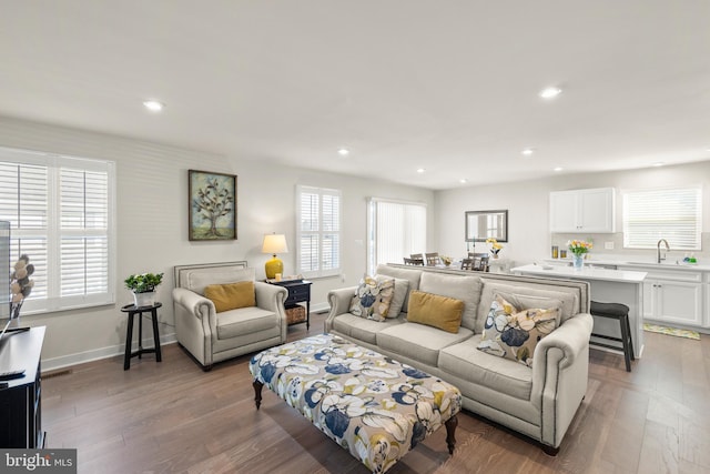 living room featuring baseboards, wood finished floors, and recessed lighting