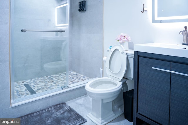 bathroom with a shower stall, vanity, and toilet