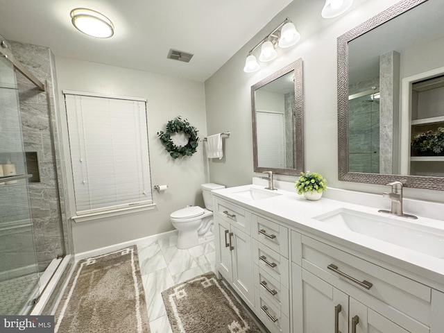 full bathroom with toilet, a shower stall, visible vents, and a sink