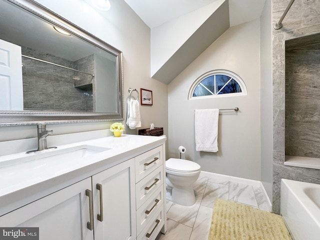 bathroom with toilet, vanity, marble finish floor, a shower, and a bath