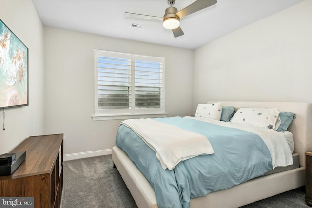 bedroom featuring ceiling fan, dark carpet, visible vents, and baseboards