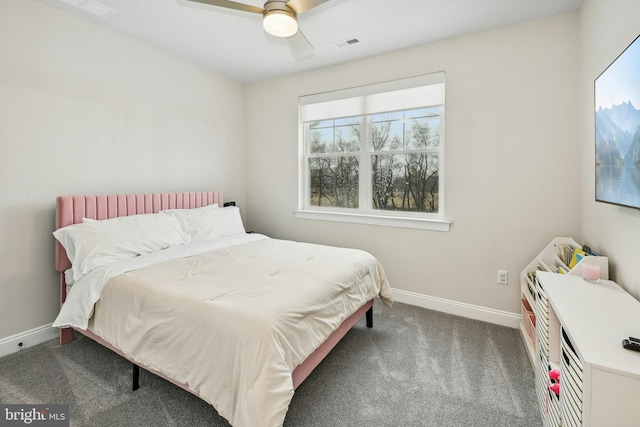 bedroom featuring ceiling fan, baseboards, visible vents, and dark carpet