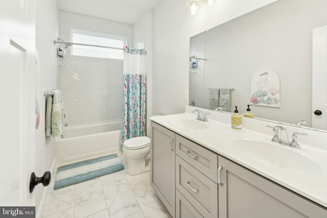 full bath with marble finish floor, double vanity, a sink, and shower / tub combo with curtain