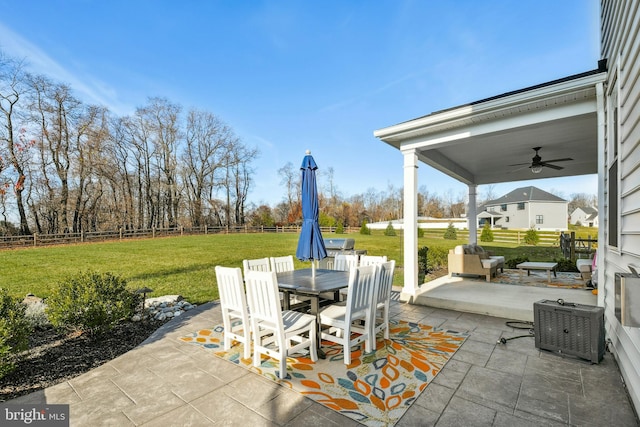 view of patio / terrace featuring a ceiling fan, outdoor dining space, and a fenced backyard