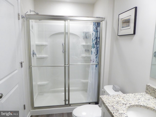 bathroom with toilet, a shower stall, and vanity