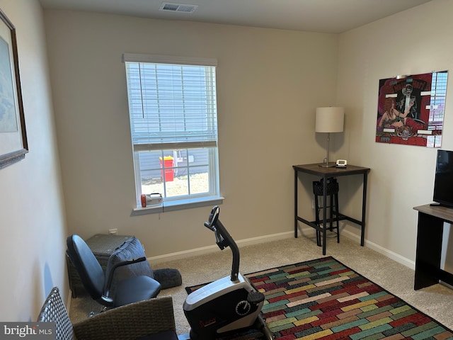 exercise area featuring carpet flooring and baseboards