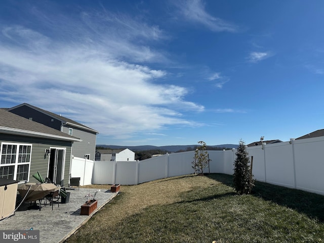 view of yard featuring a patio and a fenced backyard