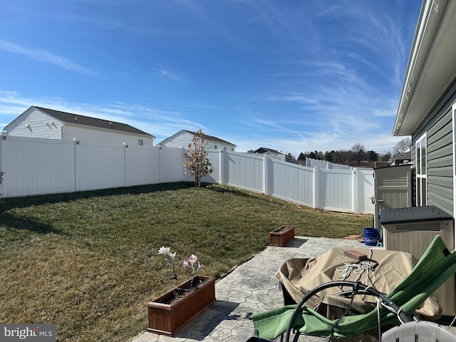 view of yard with a fenced backyard and a patio