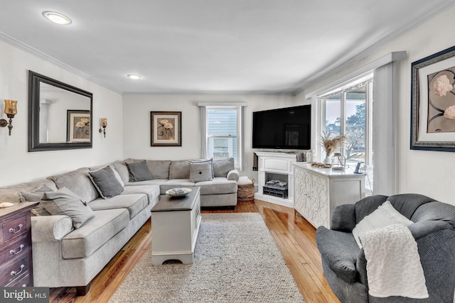 living room featuring ornamental molding, light wood-type flooring, and recessed lighting