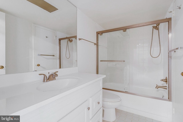 full bath with toilet, tile patterned floors, bath / shower combo with glass door, and vanity