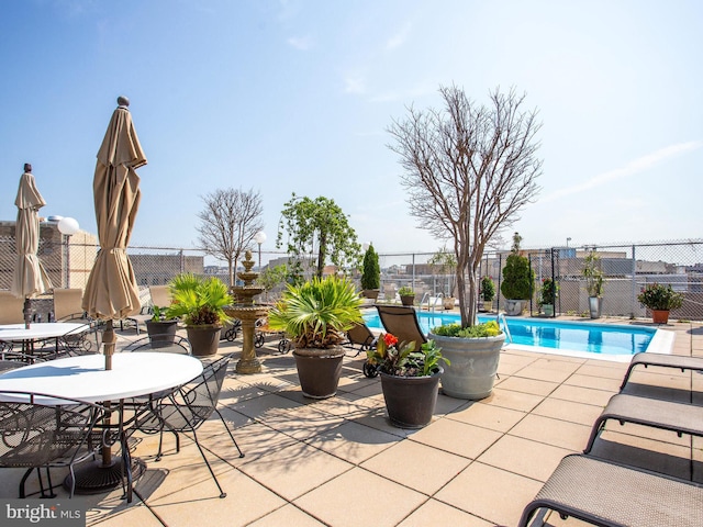 view of patio / terrace featuring fence and a fenced in pool