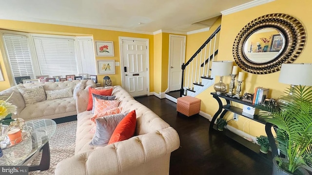 living area with ornamental molding, dark wood-type flooring, stairway, and baseboards